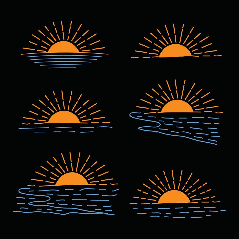 set of hand drawn Sun icon summer Sunrise Sunset sunshine sun logo icon sea ocean sun vector illustration