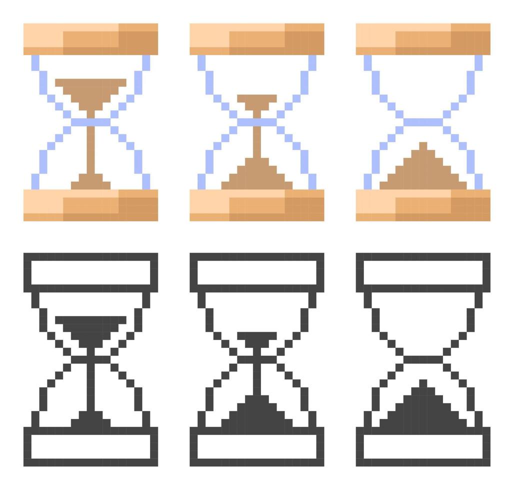 Retro hourglass icon. Vector illustration in pixel style.