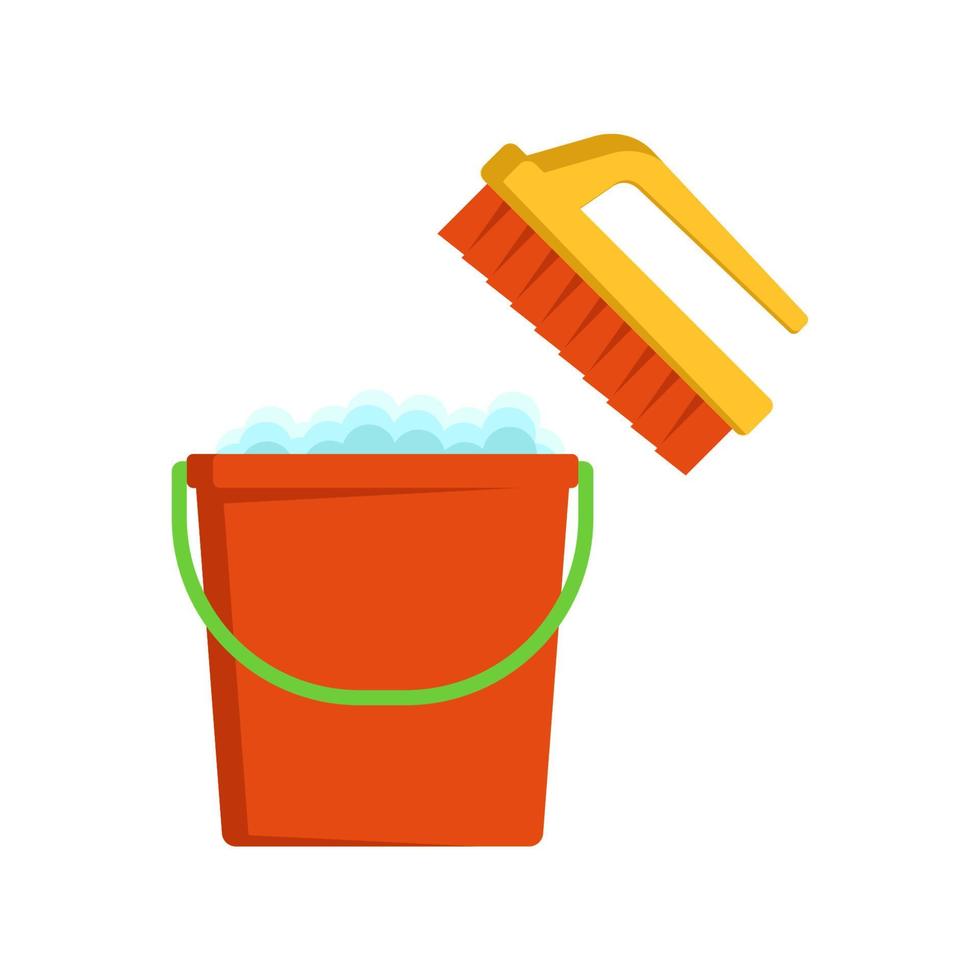Cleaning items. Bucket of soapy water and a brush. Vector illustration in a flat style.
