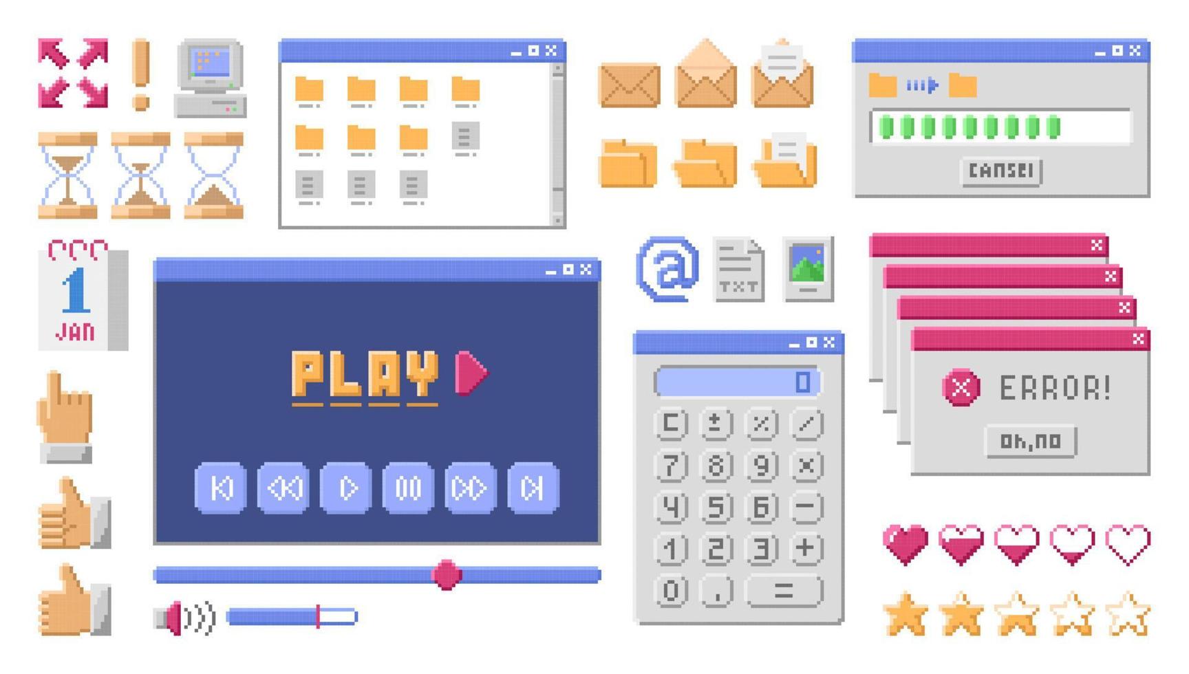 Old computer interface elements set. Retro pc windows, with buttons. Vector illustration in pixel style.