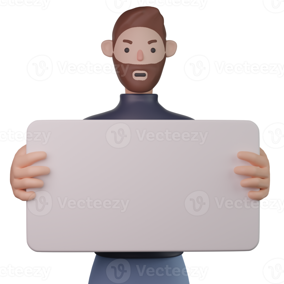 Man holding blank board 3d png