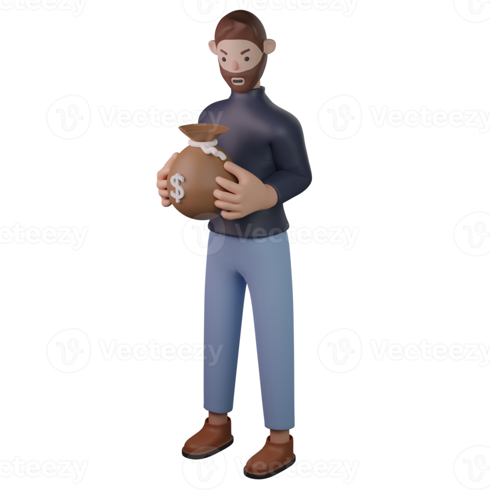 man holding money bag 3d png