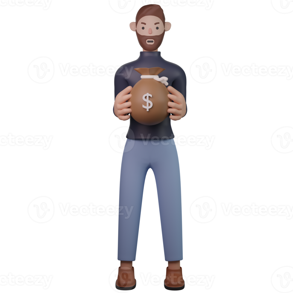 man holding money bag 3d png