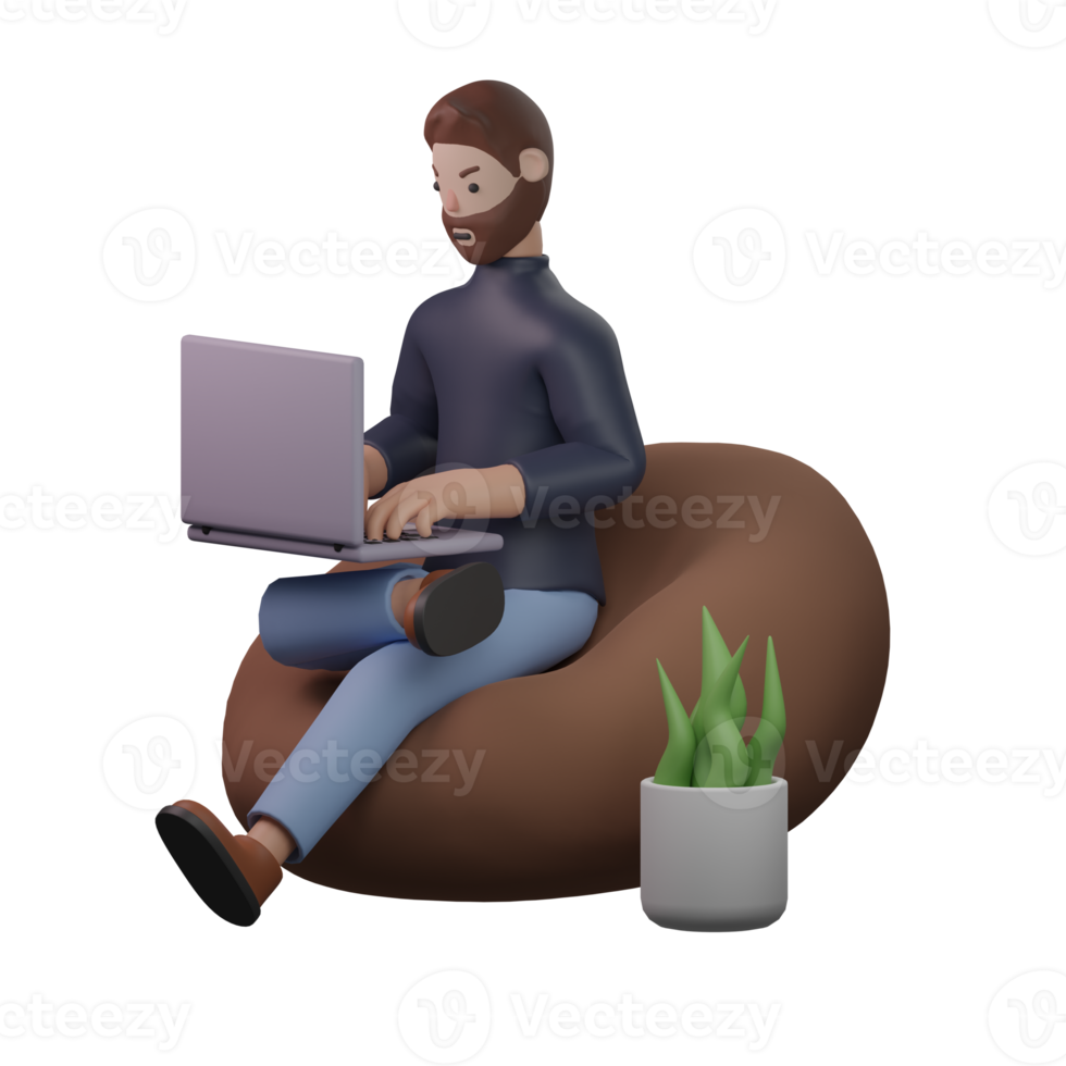 Man working on laptop 3d png