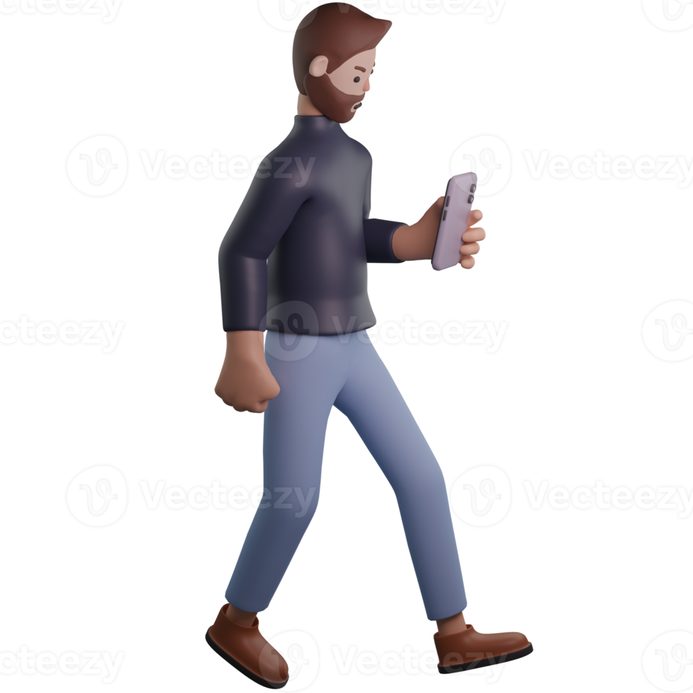 hombre caminar utilizando móvil 3d png