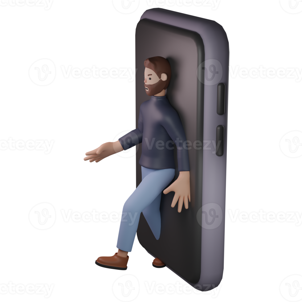 man is walking out from smartphone 3d png