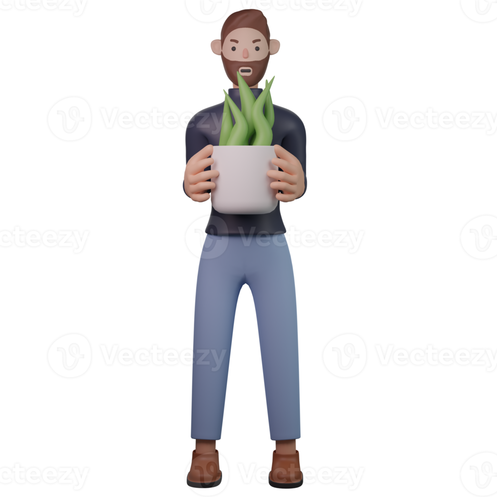 man holding a potted plant 3d png
