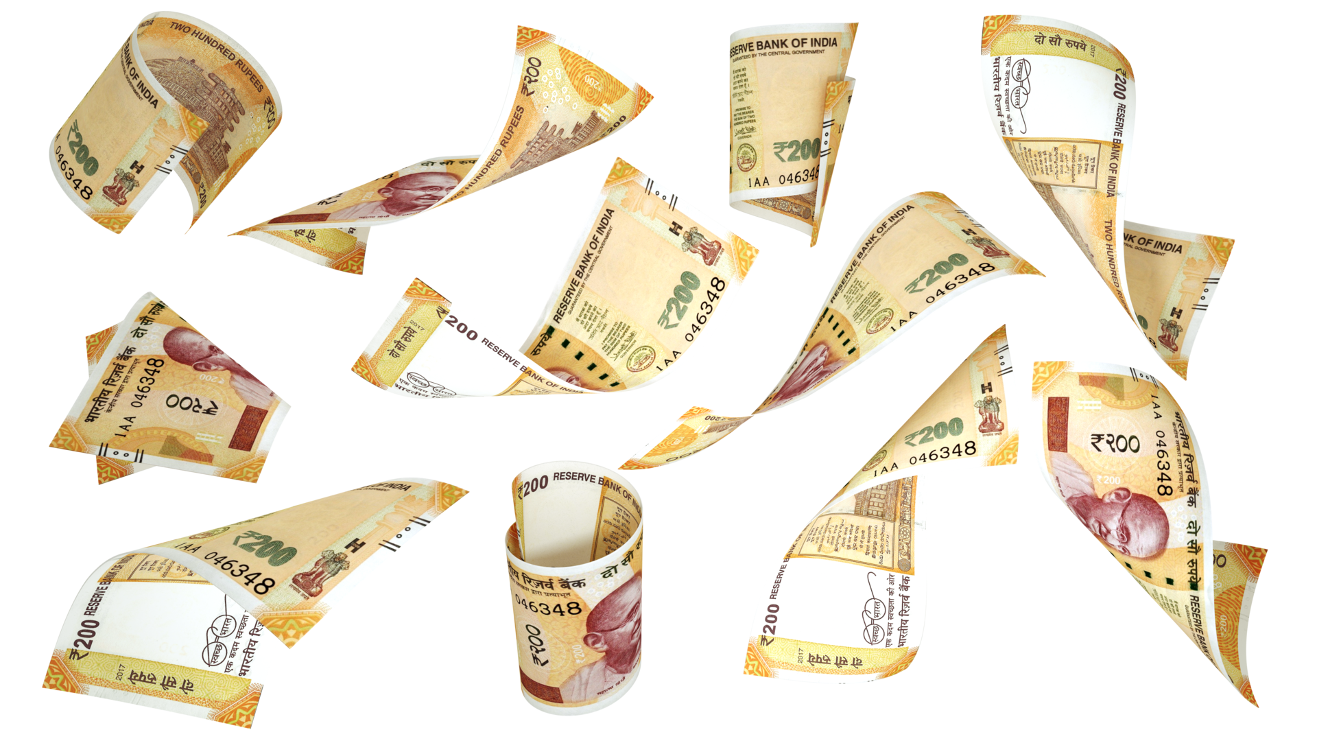 3D Rendering Of 200 Indian Rupee Notes Flying In Different Angles And 3d-rendering-of-200-indian-rupee-notes-flying-in-different-angles-and
