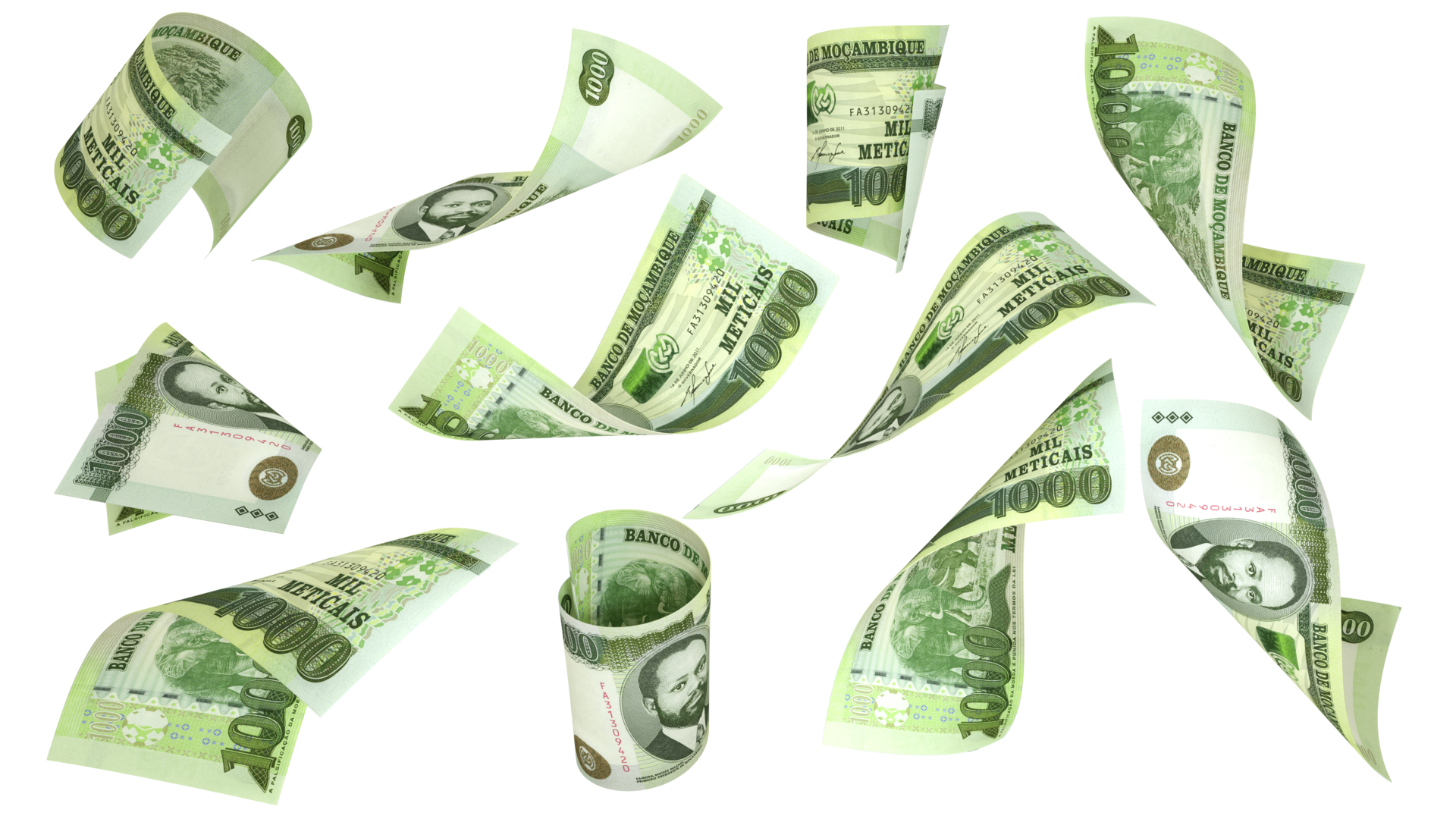 3D Rendering Of 1000 Mozambican Metical Notes Flying In Different 3d-rendering-of-1000-mozambican-metical-notes-flying-in-different
