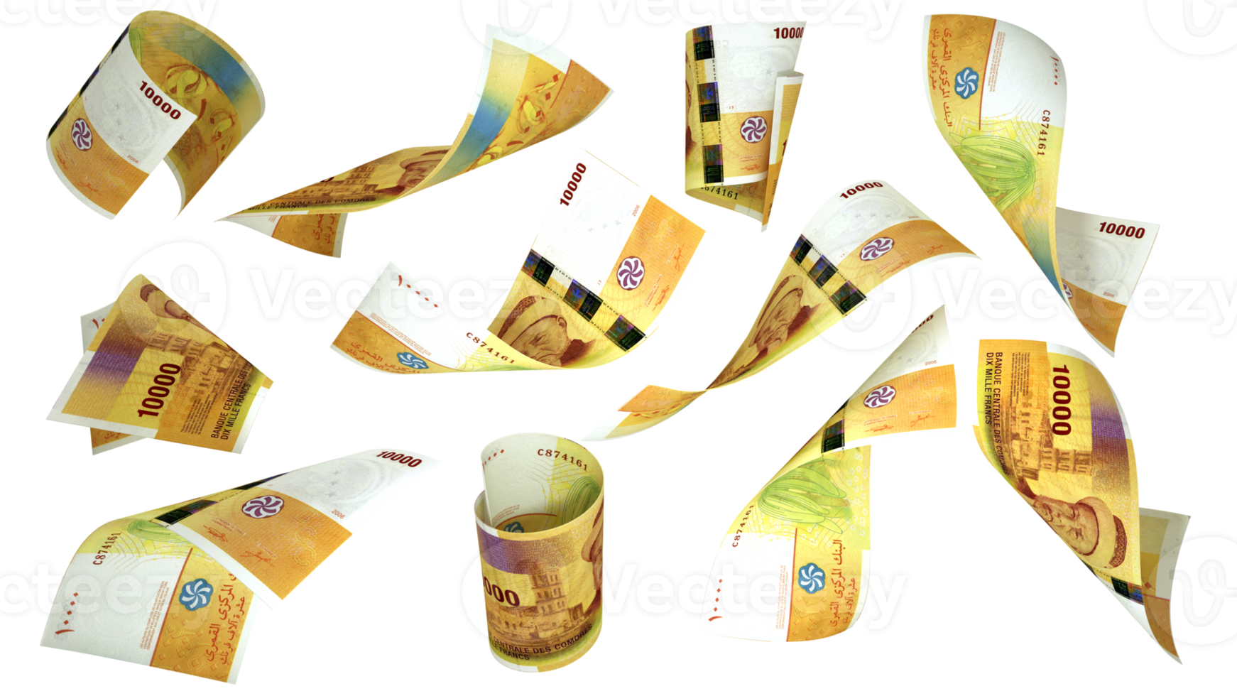 3D rendering of 10000 Comorian franc notes flying in different angles and orientations png
