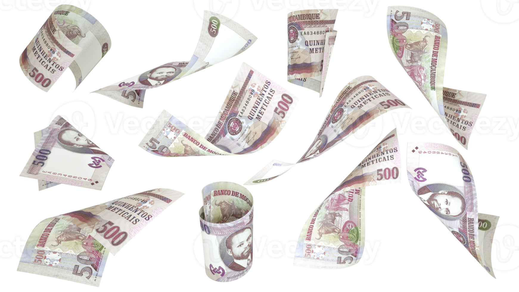 3D rendering of 500 Mozambican metical notes flying in different angles and orientations png