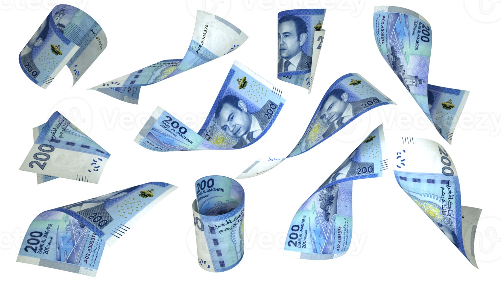 3D rendering of 200 Moroccan dirham notes flying in different angles and orientations png