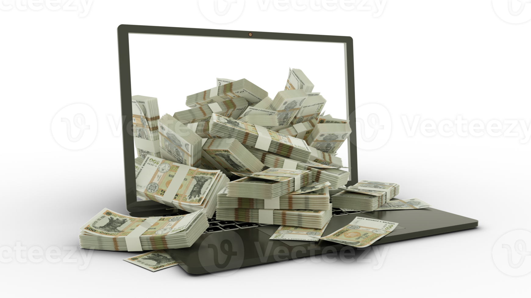 3D rendering of Moldovan leu notes coming out of a Laptop monitor isolated. stacks of lei notes inside a laptop. money from computer, money from laptop png