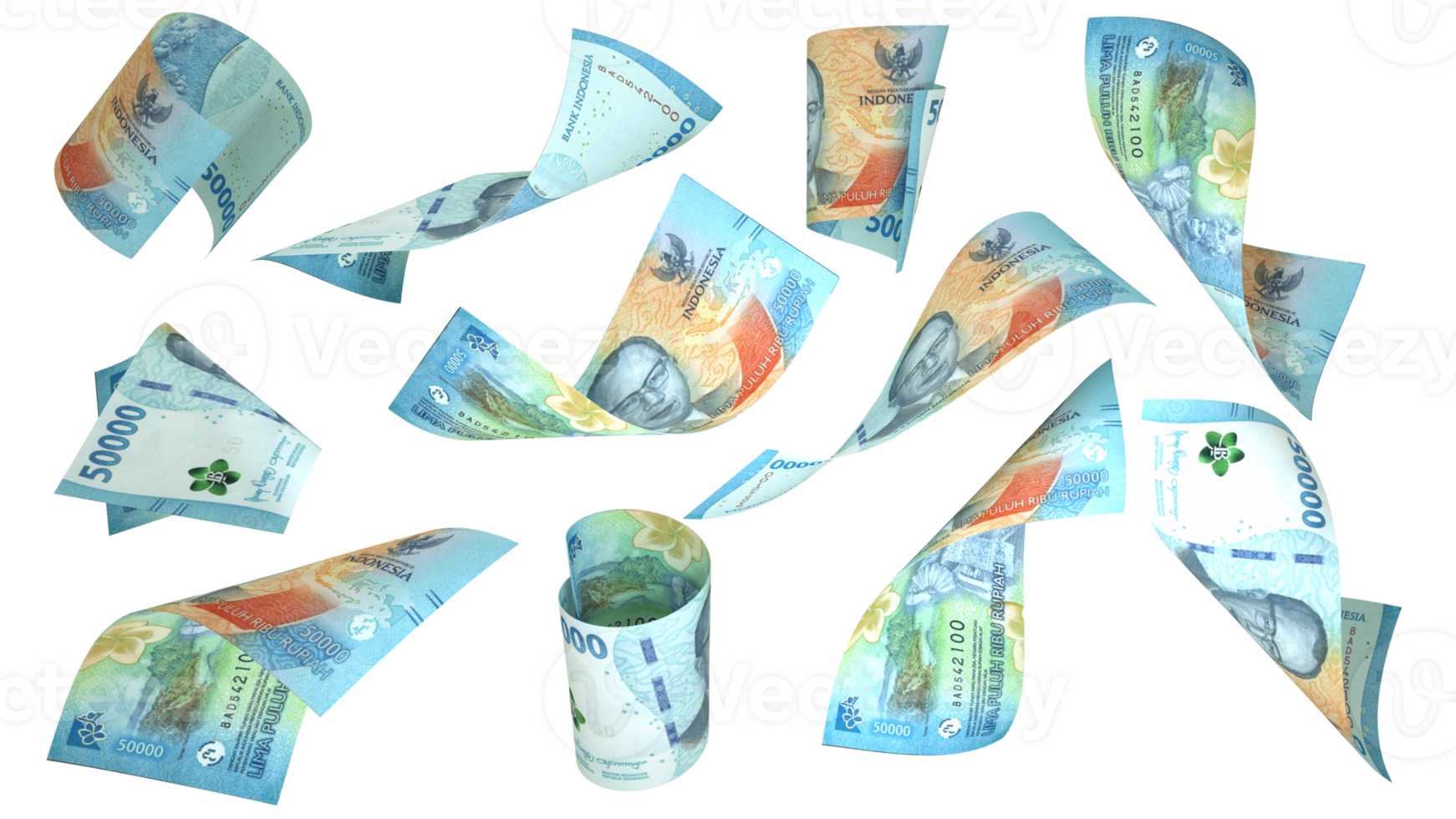 3D rendering of 50000 Indonesian rupiah notes flying in different angles and orientations png