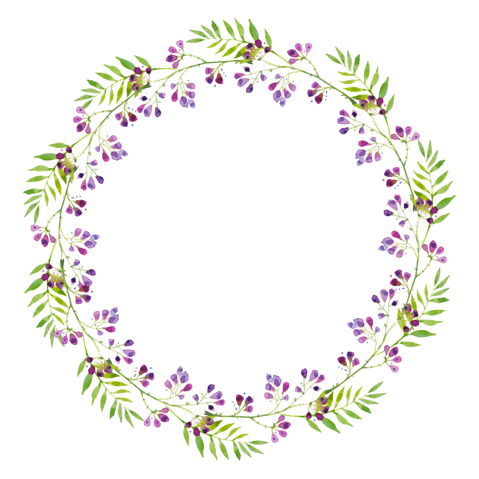 grinalda delicada brilhante de ramos de flores violetas e folhas verdes, ilustração em aquarela. desenho à mão para impressão, saudações, logotipos png