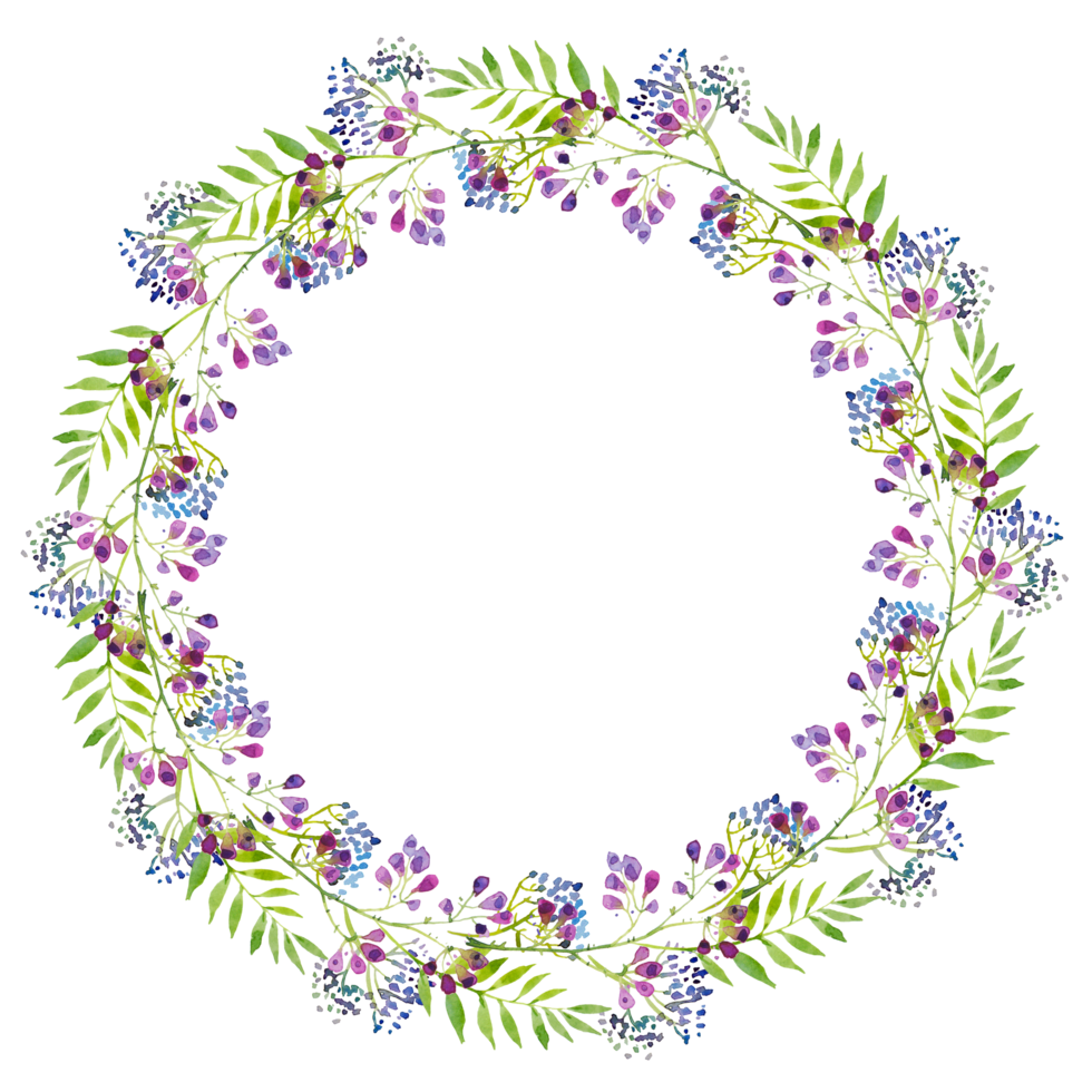 Bright delicate wreath of branches of violet flowers and green leaves, watercolor illustration. Hand drawing for print, greetings, logos png