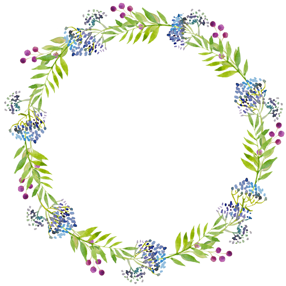 wreath of branches of purple flowers and green leaves, blue berries, watercolor illustration. png