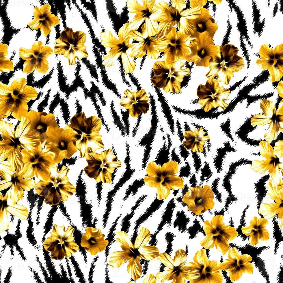 Seamless zebra texture with flowers pattern. photo