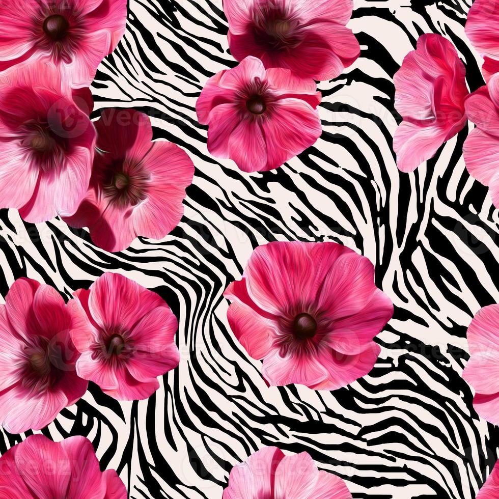 Seamless zebra texture with flowers pattern. photo