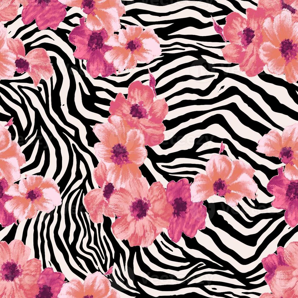 Seamless zebra texture with flowers pattern. photo