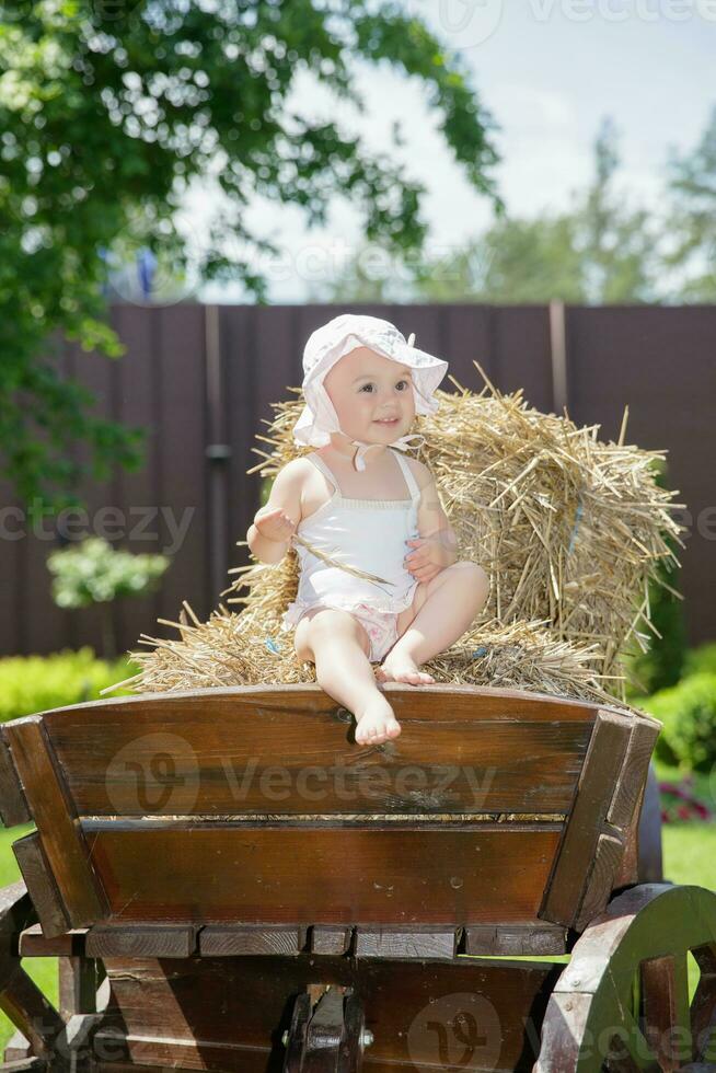 encantador pequeño niña sentado en un carro foto