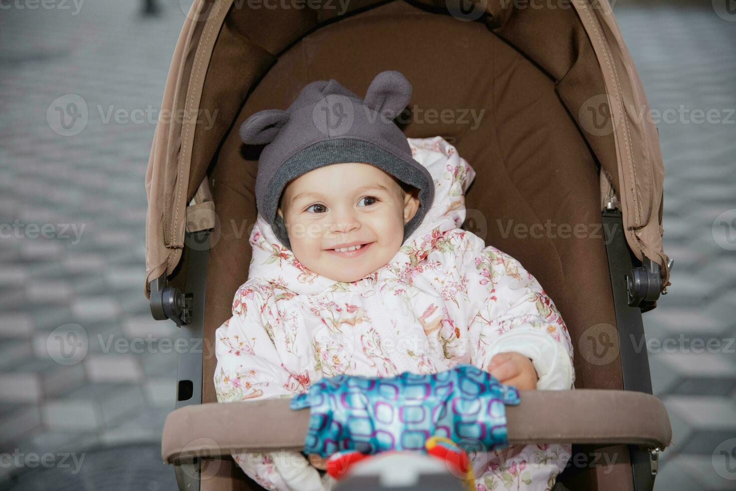 Cheerful little baby sitting in a stroller outdoors photo