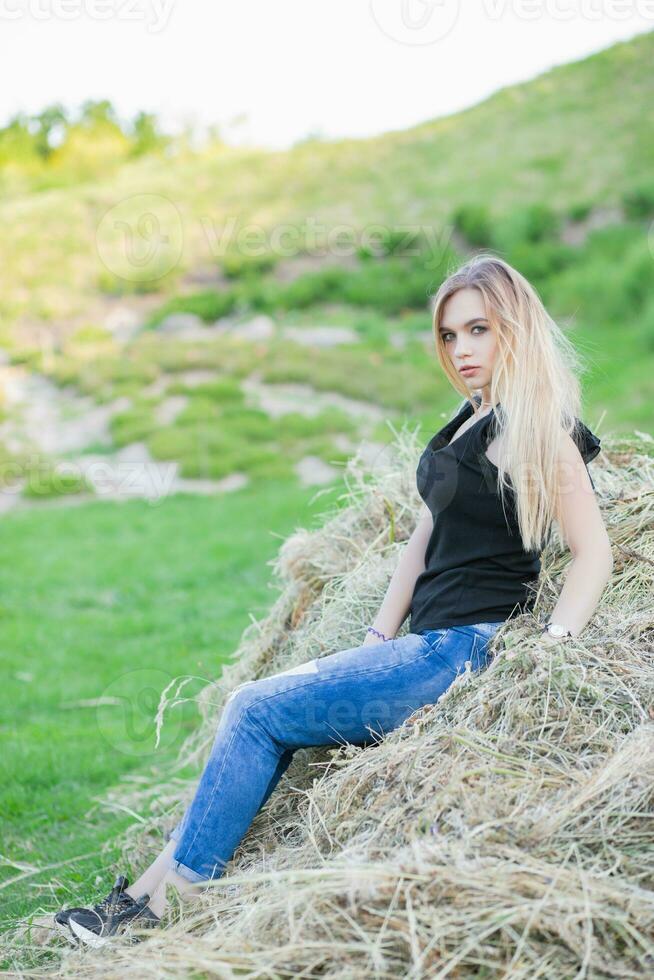 Cute lady posing sitting on the hay photo