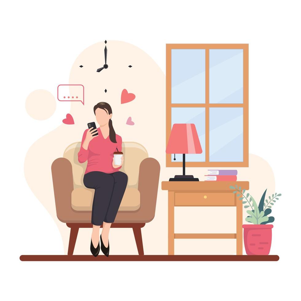 Female Character Chat on Her Mobile Phone vector