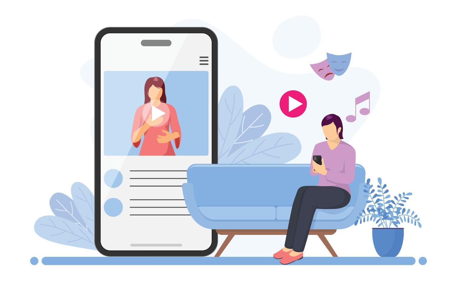 Female Character Streaming Video on Her Phone vector