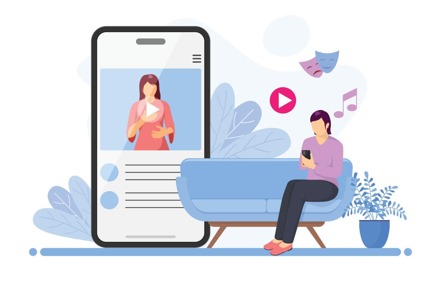 hembra personaje transmisión vídeo en su teléfono vector