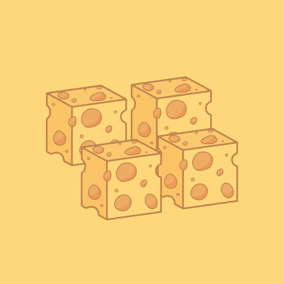 Cute cheese cartoon. Flat illustration of cube cheese icon on yellow background. Suitable for use in food product design, posters or brochures. vector