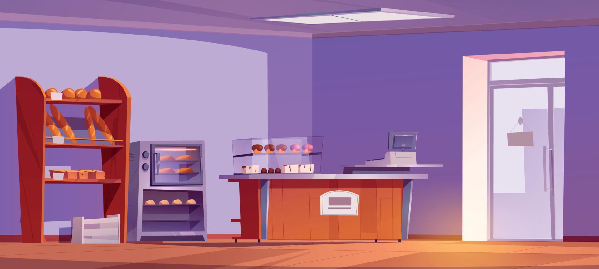 Empty bakery shop interior with furniture, pastry vector