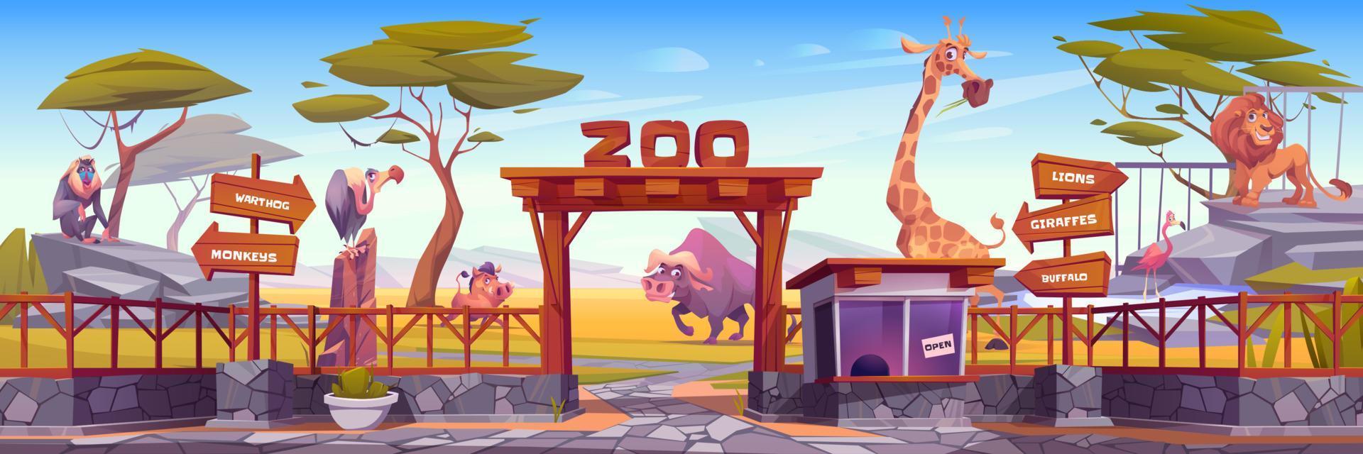 Zoo park with african animals, trees, fence vector
