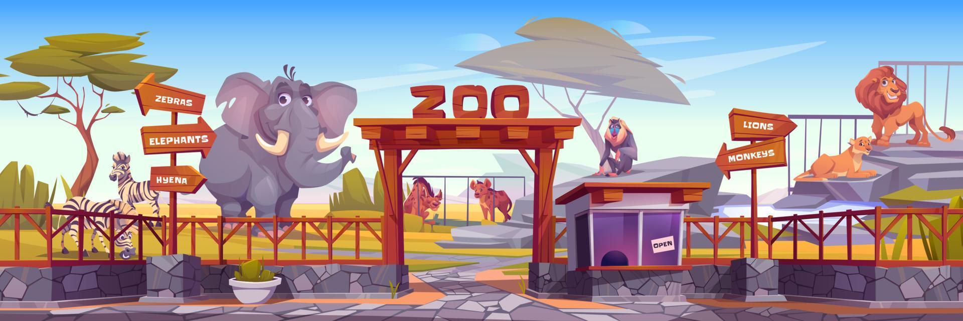 zoo Entrada portón y exótico africano animales vector