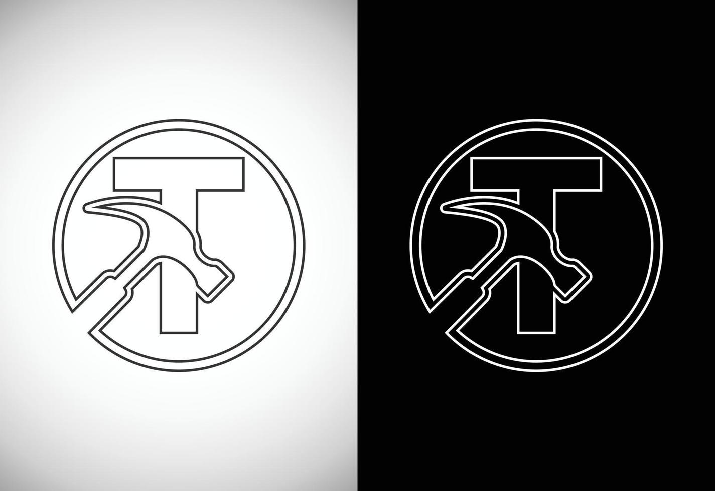 Initial T letter alphabet with a Hammer. Repair, renovation, and construction logo. Line art style logo vector