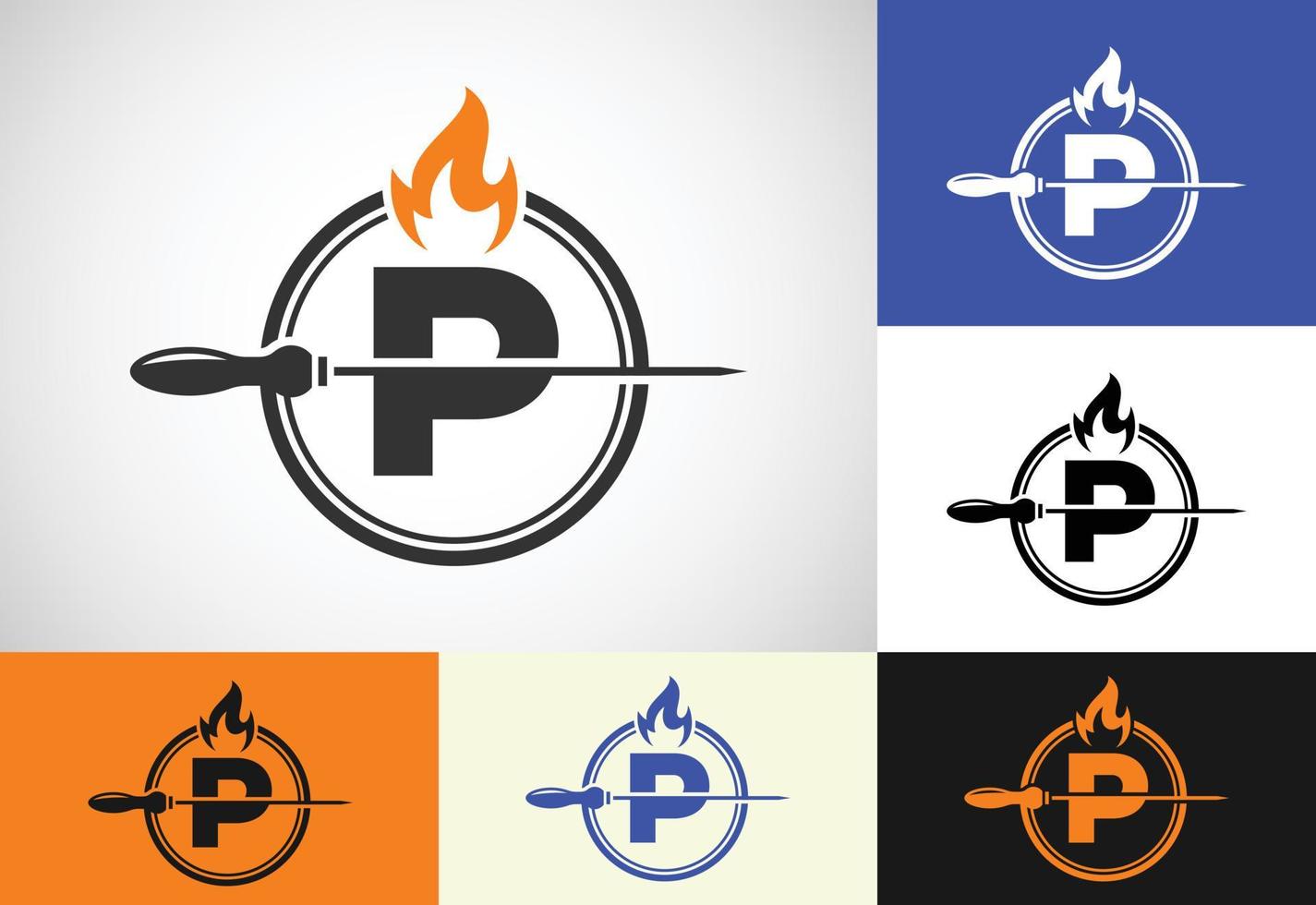 Initial P letter alphabet with a skewer and fire flame. Logo design for Barbecue, Seekh Kebab, etc. vector