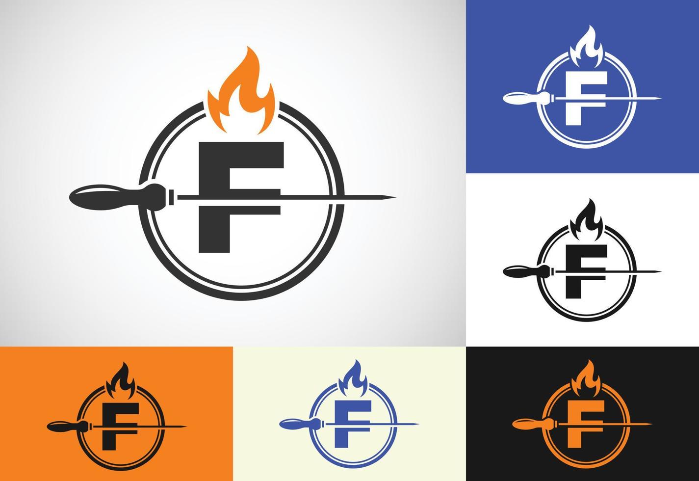 Initial F letter alphabet with a skewer and fire flame. Logo design for Barbecue, Seekh Kebab, etc. vector