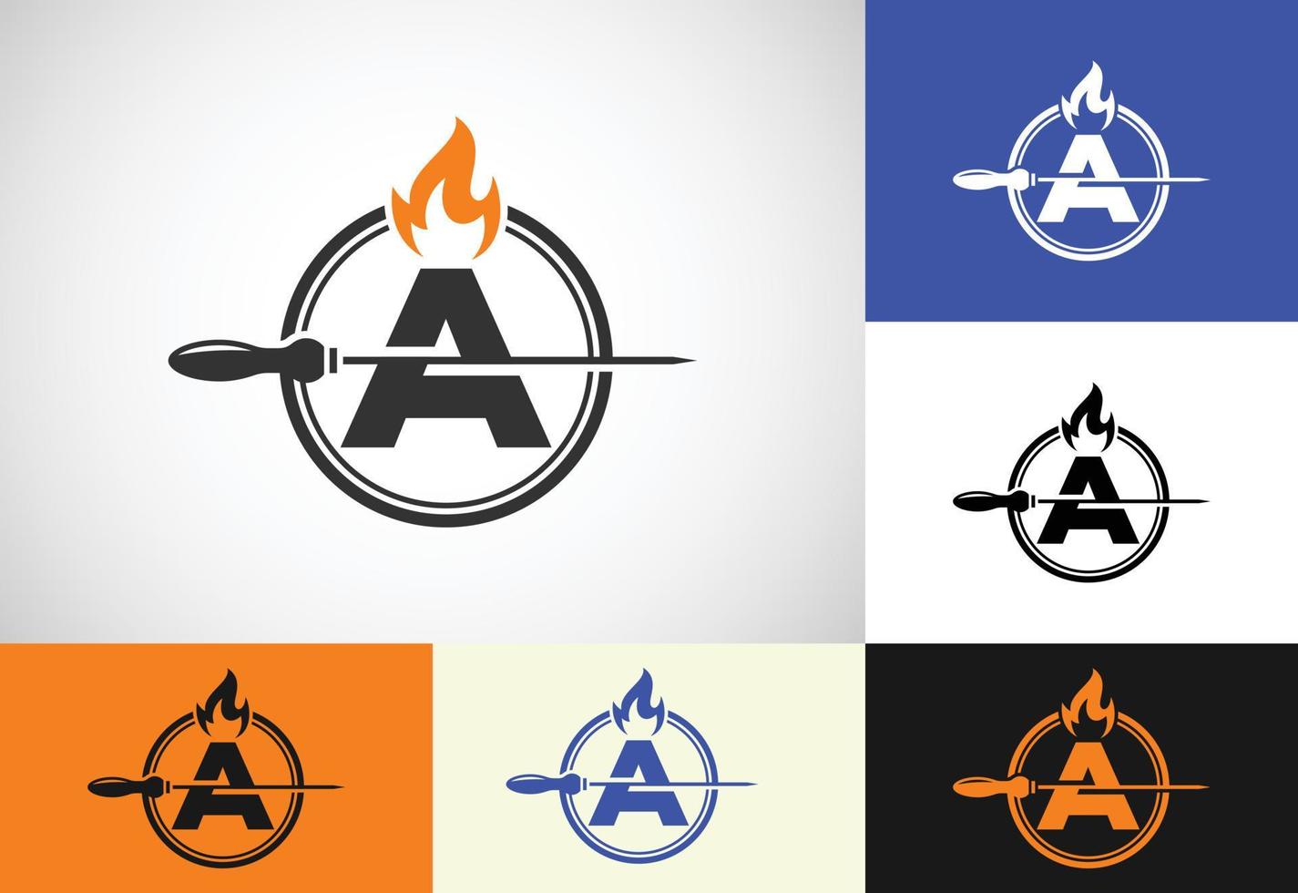 inicial un letra alfabeto con un brocheta y fuego fuego. logo diseño para parilla, seekh brocheta, etc. vector