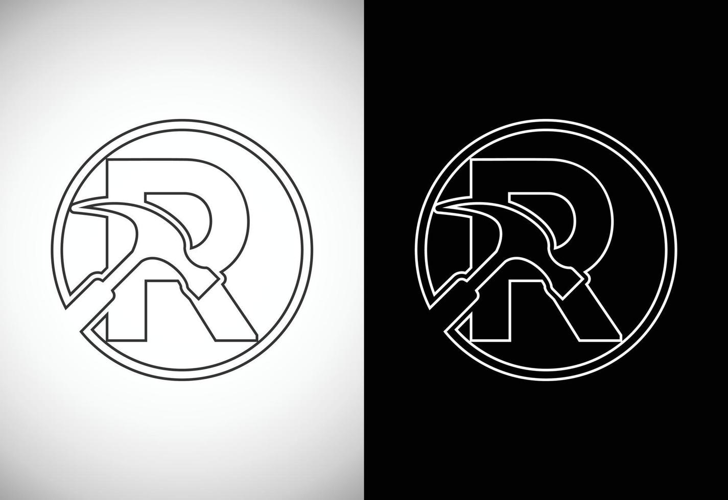 Initial R letter alphabet with a Hammer. Repair, renovation, and construction logo. Line art style logo vector