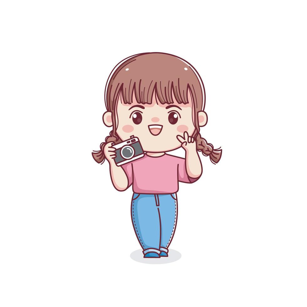 Cute photographer girl holding camera chibi kawaii character vector