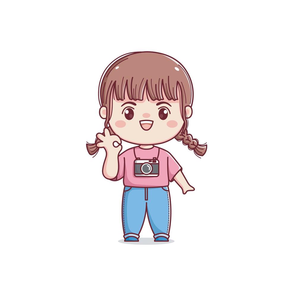 Cute photographer girl with ok sign chibi kawaii vector