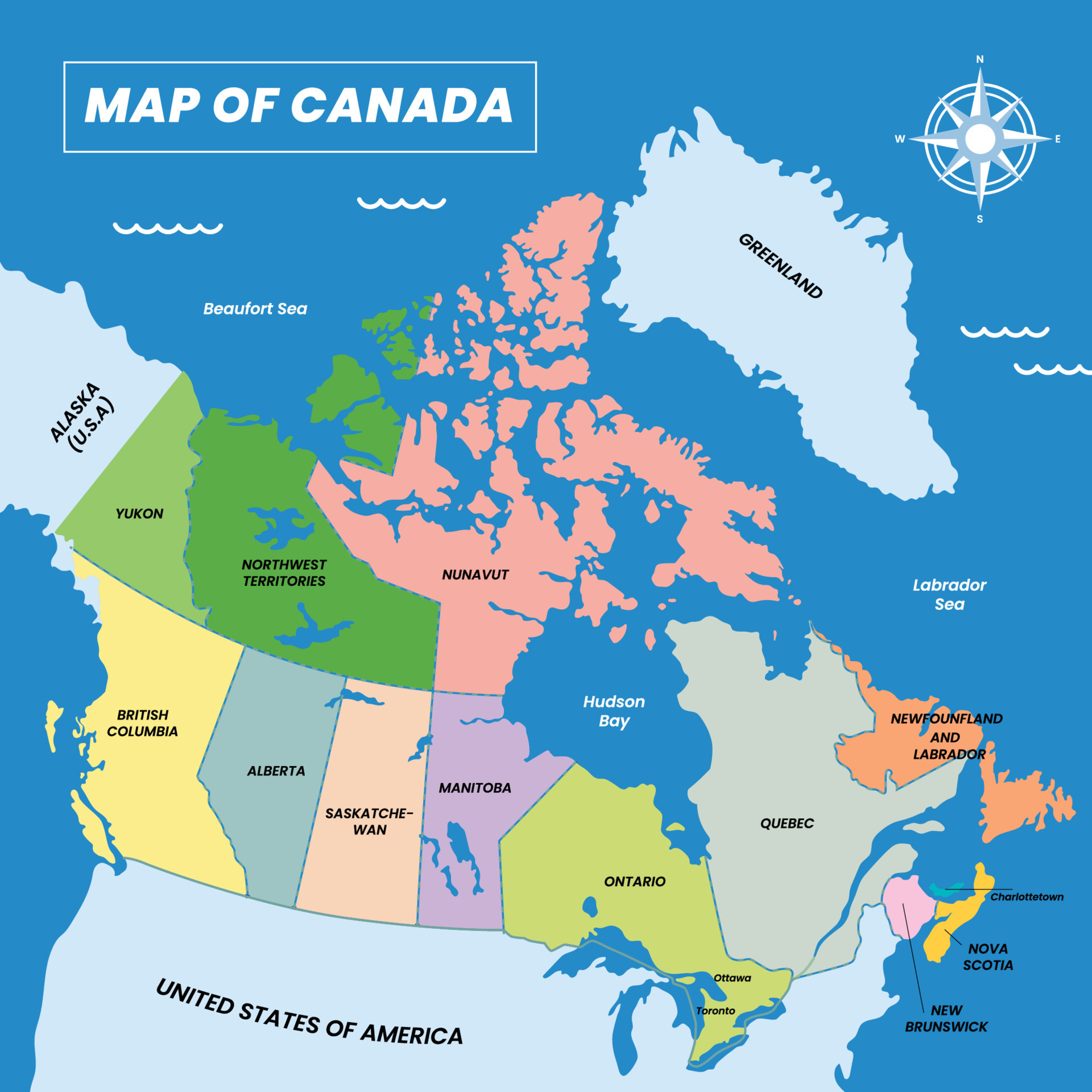 Canada Political Maps - Map Of Canada With Surrounding Borders Free Vector 