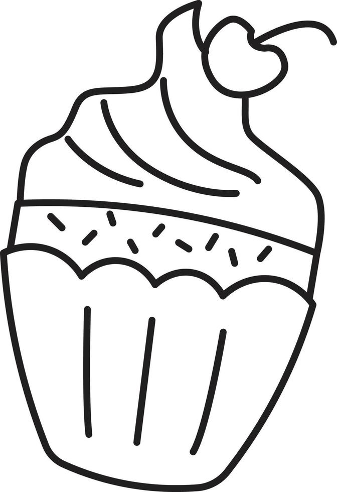 Outline Cupcake with cherry illustration. Line art vector doodle style.