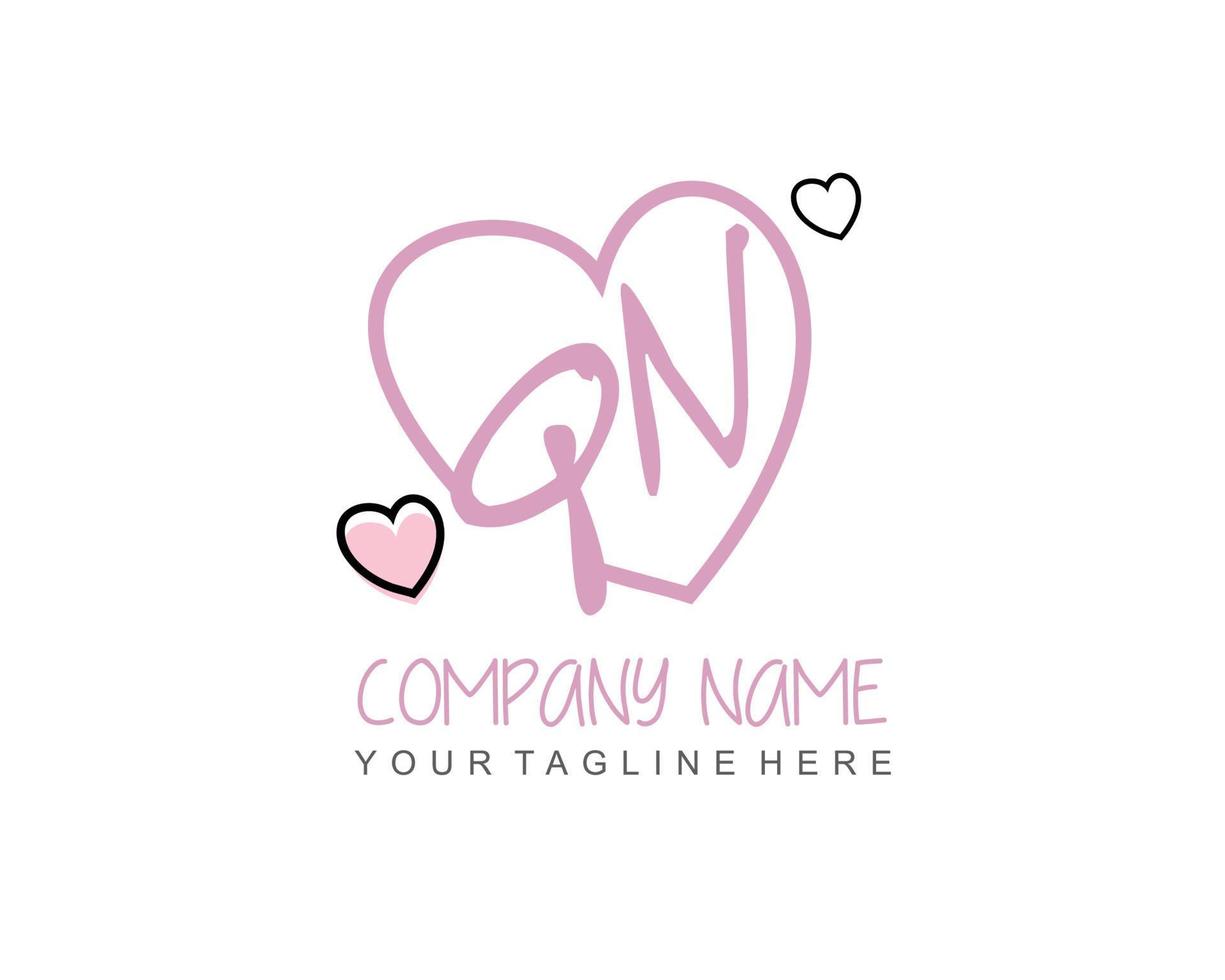 Initial QN with heart love logo template vector