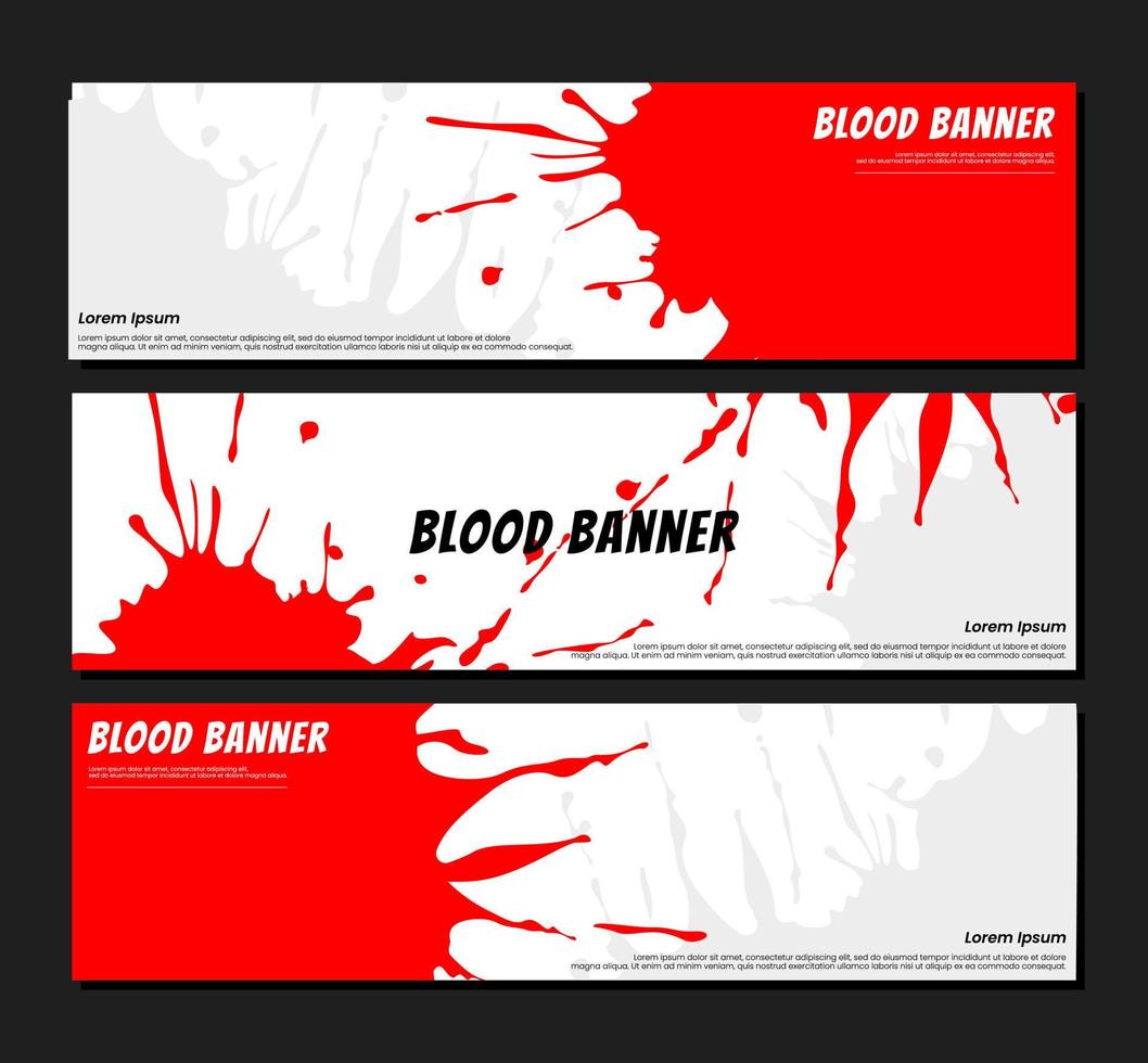 Blood splash background. Blood strip banner. red splash on white background. grunge strip background blood. Blood splatter background. set of three banners. vector