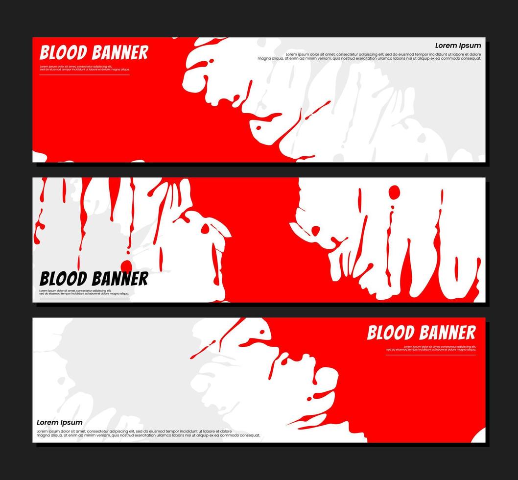 Blood splatter background. Blood splash background. Blood strip banner. red splash on white background. set of three banners. grunge strip background blood. vector
