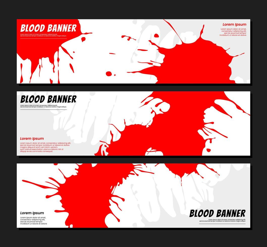 Blood splash background. Blood strip banner. red splash on white background. set of three banners. grunge strip background blood. Blood splatter background. vector