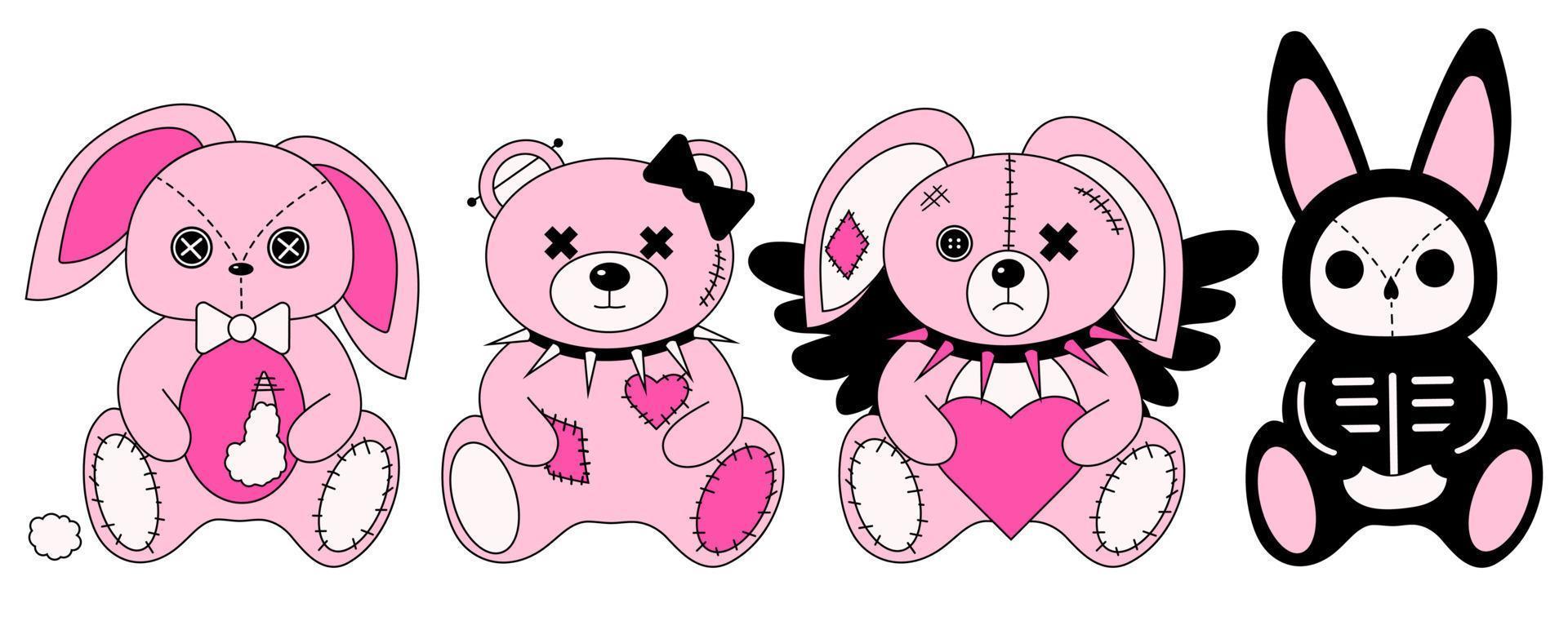 2000s emo girl kawaii bunny and teddy bear sticker set. Y2K, 90s glamour aestetic. Cartoon character vector