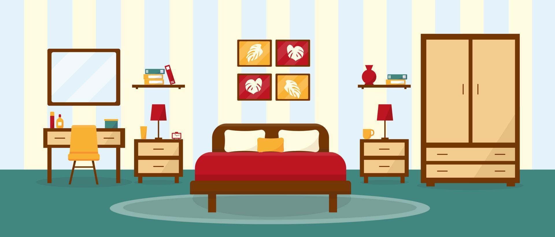 Bedroom interior in flat style. Cozy room with furniture. Vector illustration.