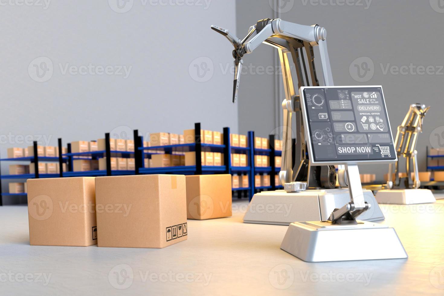 Arm Robot AI manufacture Box product Object for manufacturing industry technology Product export and import of future For Products, food, cosmetics, apparel warehouse mechanical future technology photo